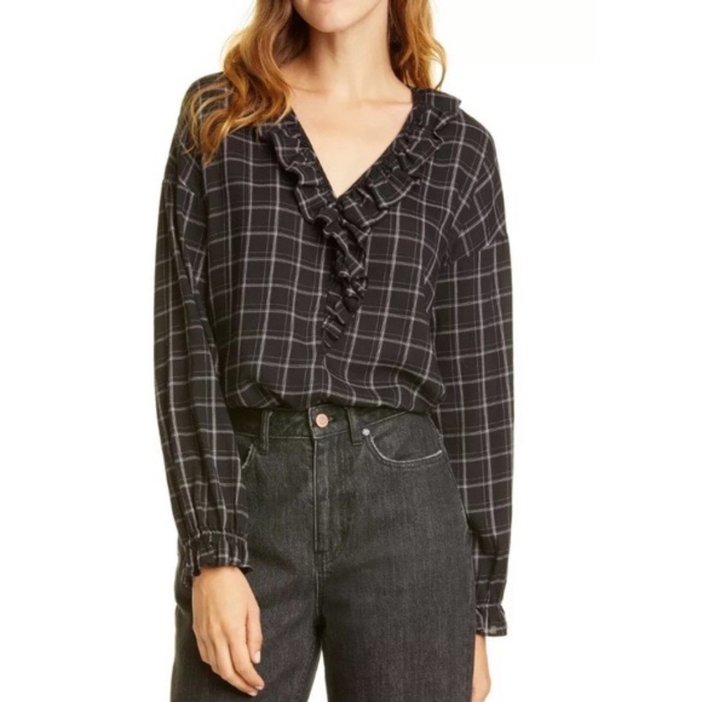 ✨NWT✨ La Vie REBECCA TAYLOR  Plaid Ruffle Trim Blouse in Black White Multi Sz S